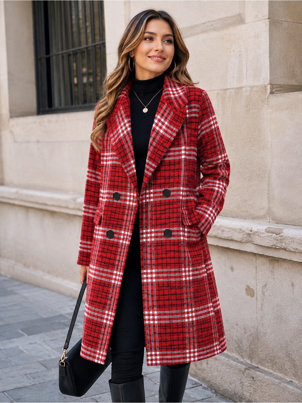 Chartou Red Plaid Double Breasted Long Peacoat Coat XL 16-18